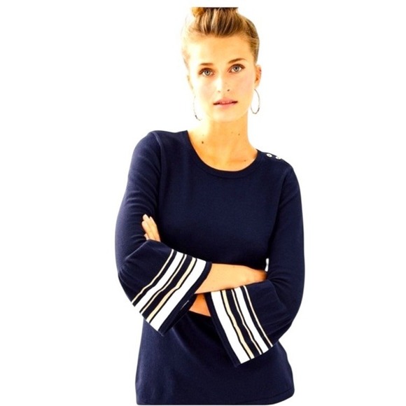 Lily Pulitzer Navy Blue Pullover Sweater 3/4 Bell Sleeve Gold Detail Size Medium - Picture 8 of 10